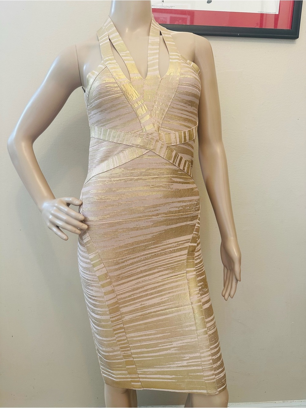 Body con Gold and Cream Bandage Dress